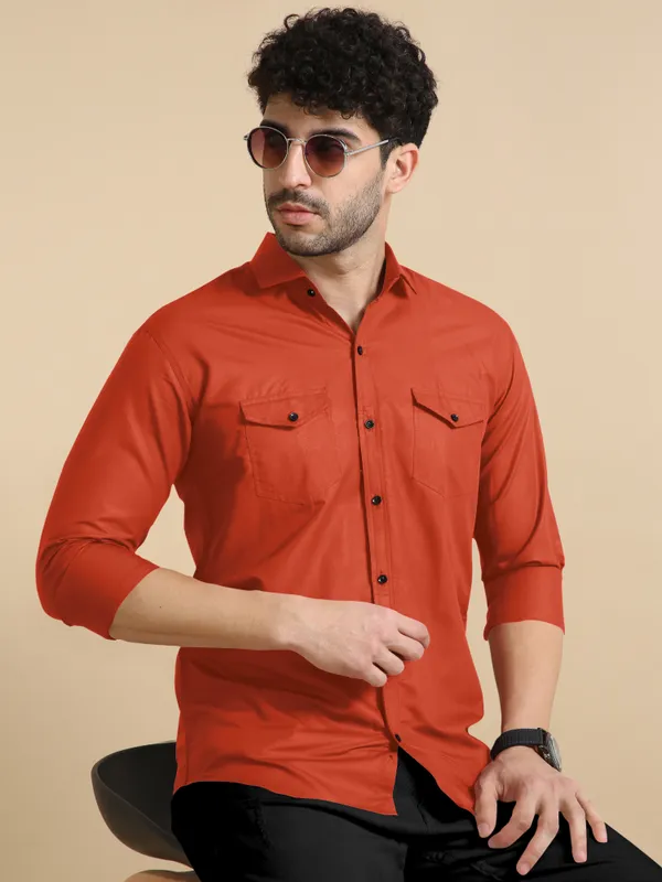 Orange_Cotton_Blend_Regular_Fit_Full_Sleeve_Solid_Long_Shirt_For_Men