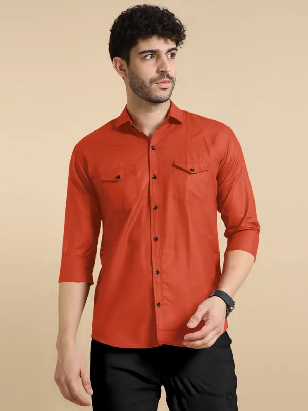 Orange_Cotton_Blend_Regular_Fit_Full_Sleeve_Solid_Long_Shirt_For_Men