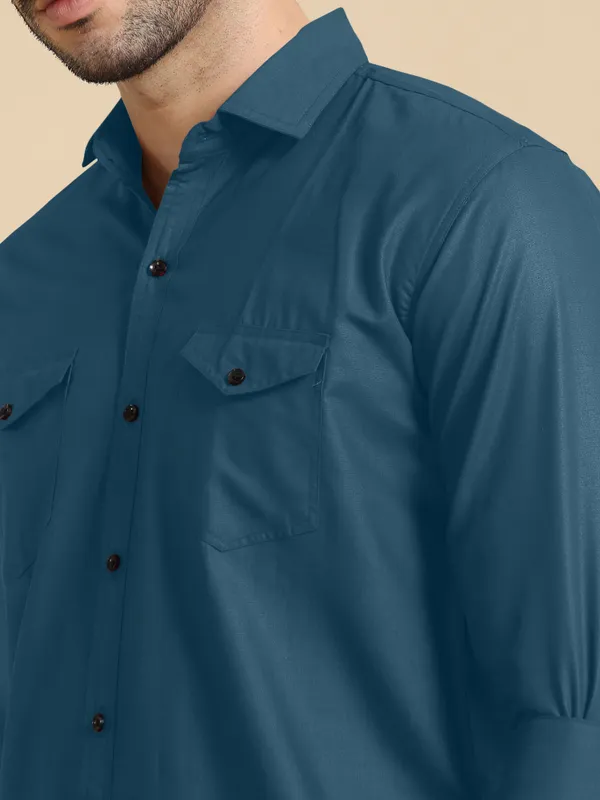 Blue_Cotton_Blend_Regular_Fit_Full_Sleeve_Solid_Long_Shirt_For_Men