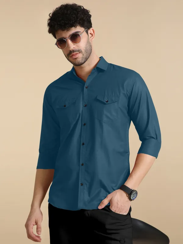 Blue_Cotton_Blend_Regular_Fit_Full_Sleeve_Solid_Long_Shirt_For_Men