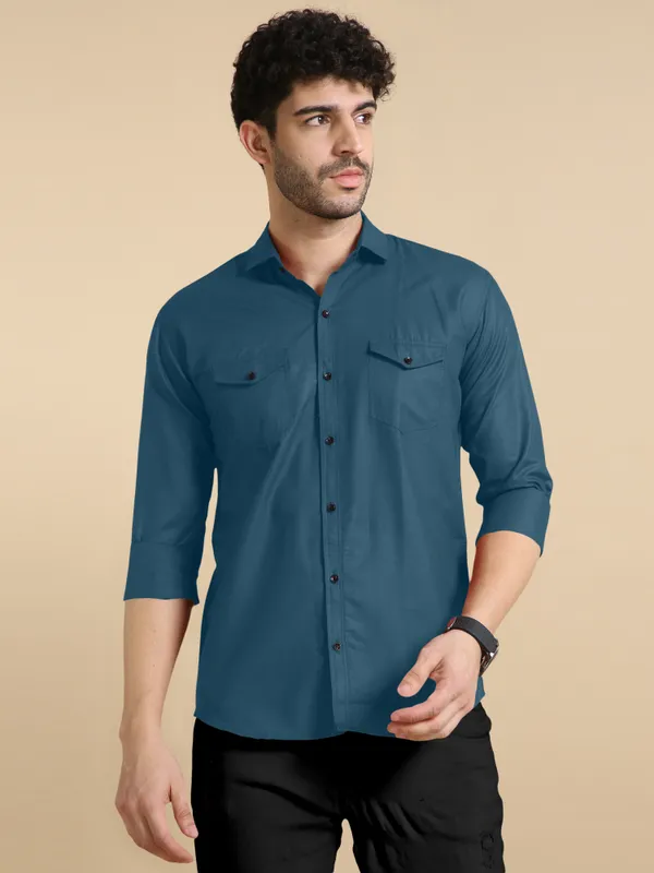 Blue_Cotton_Blend_Regular_Fit_Full_Sleeve_Solid_Long_Shirt_For_Men