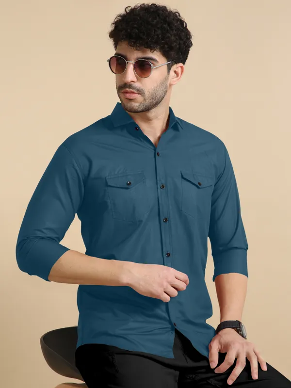 Blue_Cotton_Blend_Regular_Fit_Full_Sleeve_Solid_Long_Shirt_For_Men
