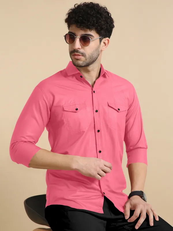 Pink_Cotton_Blend_Regular_Fit_Full_Sleeve_Solid_Long_Shirt_For_Men
