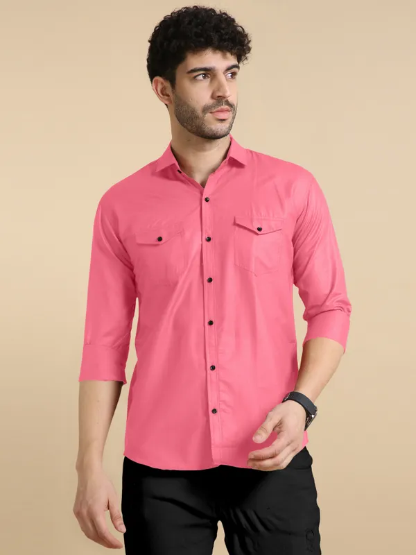 Pink_Cotton_Blend_Regular_Fit_Full_Sleeve_Solid_Long_Shirt_For_Men