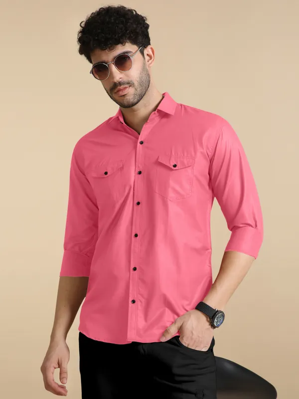 Pink_Cotton_Blend_Regular_Fit_Full_Sleeve_Solid_Long_Shirt_For_Men