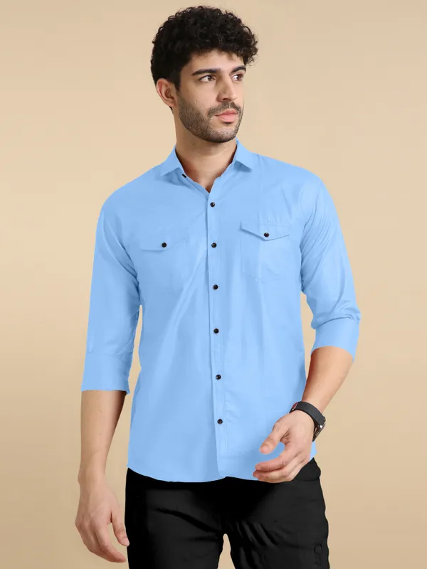 Light_Blue_Cotton_Blend_Regular_Fit_Full_Sleeve_Solid_Long_Shirt_For_Men