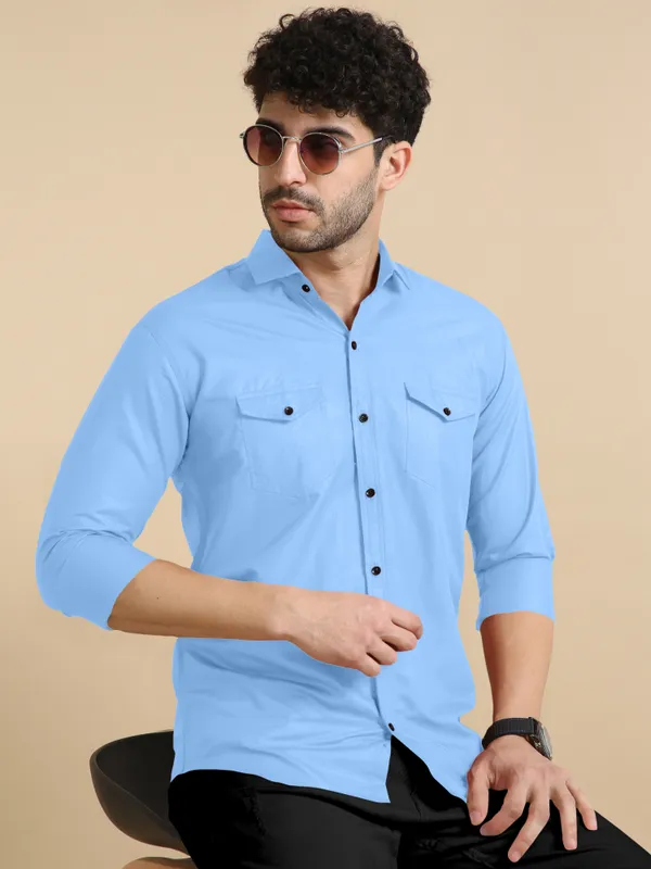 Light_Blue_Cotton_Blend_Regular_Fit_Full_Sleeve_Solid_Long_Shirt_For_Men