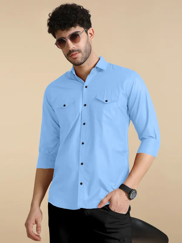 Light_Blue_Cotton_Blend_Regular_Fit_Full_Sleeve_Solid_Long_Shirt_For_Men