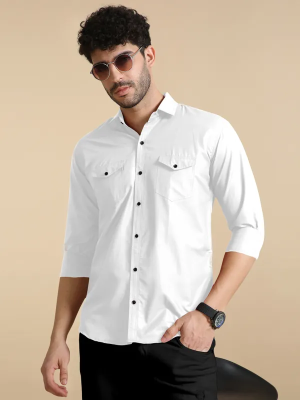 White_Cotton_Blend_Regular_Fit_Full_Sleeve_Solid_Long_Shirt_For_Men