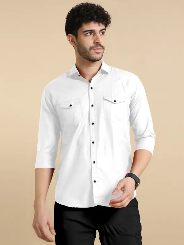 White_Cotton_Blend_Regular_Fit_Full_Sleeve_Solid_Long_Shirt_For_Men