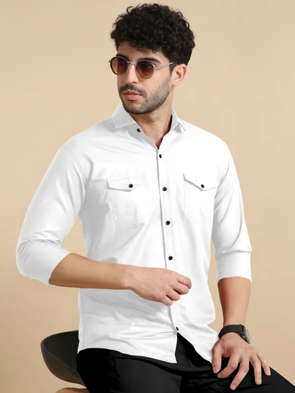 White_Cotton_Blend_Regular_Fit_Full_Sleeve_Solid_Long_Shirt_For_Men