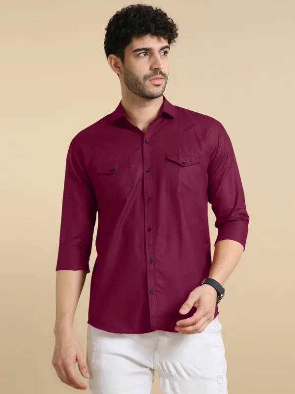 Maroon_Cotton_Blend_Regular_Fit_Full_Sleeve_Solid_Long_Shirt_For_Men