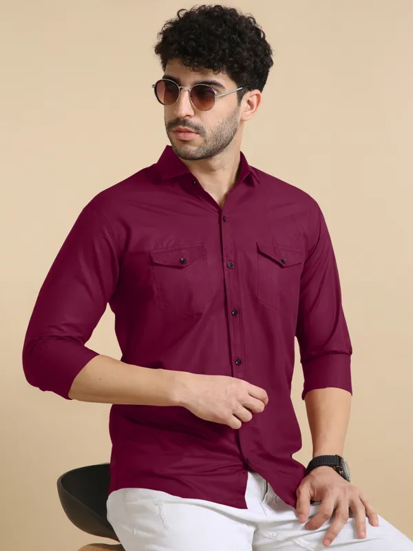 Maroon_Cotton_Blend_Regular_Fit_Full_Sleeve_Solid_Long_Shirt_For_Men