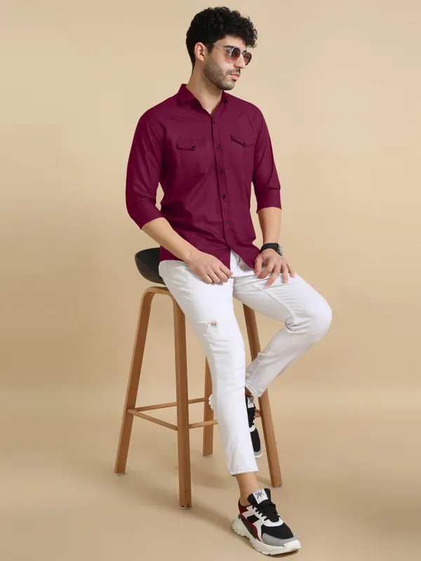 Maroon_Cotton_Blend_Regular_Fit_Full_Sleeve_Solid_Long_Shirt_For_Men