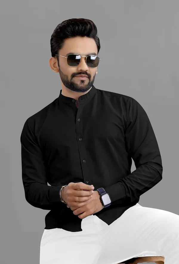 Black_Cotton_Blend_Regular_Fit_3/4th_Sleeve_Solid_Long_Shirt_For_Men