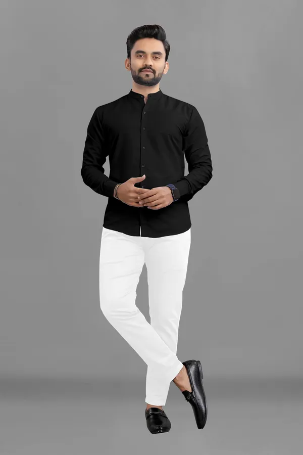Black_Cotton_Blend_Regular_Fit_3/4th_Sleeve_Solid_Long_Shirt_For_Men