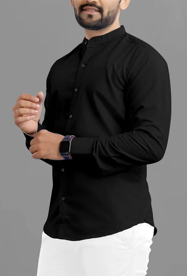 Black_Cotton_Blend_Regular_Fit_3/4th_Sleeve_Solid_Long_Shirt_For_Men