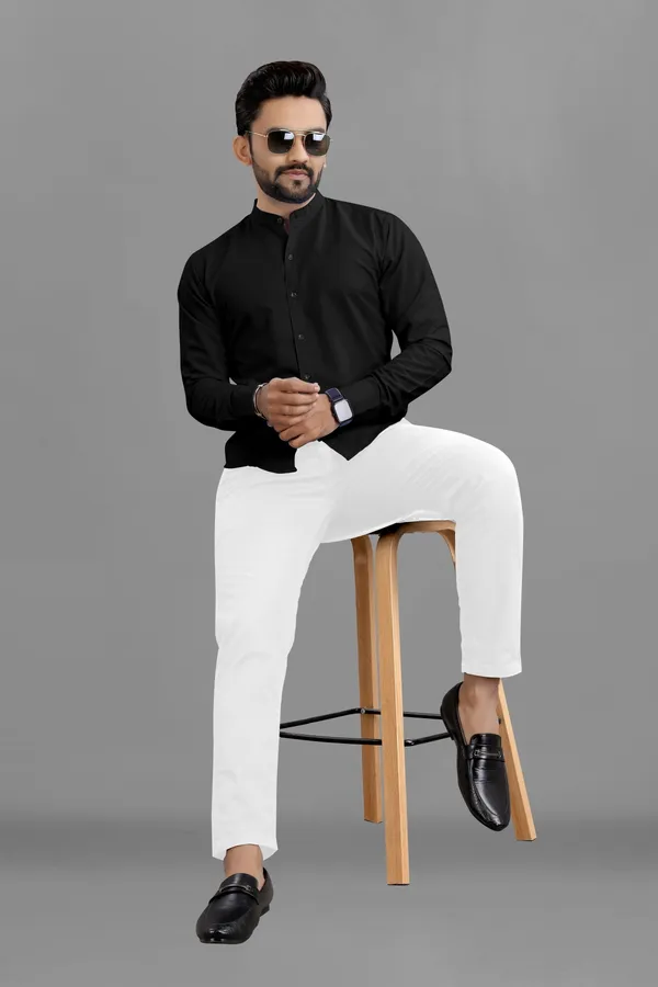Black_Cotton_Blend_Regular_Fit_3/4th_Sleeve_Solid_Long_Shirt_For_Men