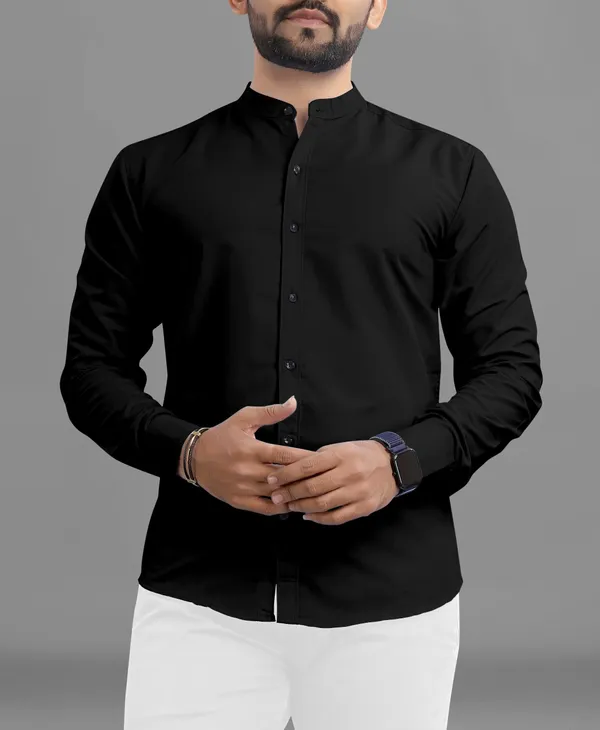 Black_Cotton_Blend_Regular_Fit_3/4th_Sleeve_Solid_Long_Shirt_For_Men