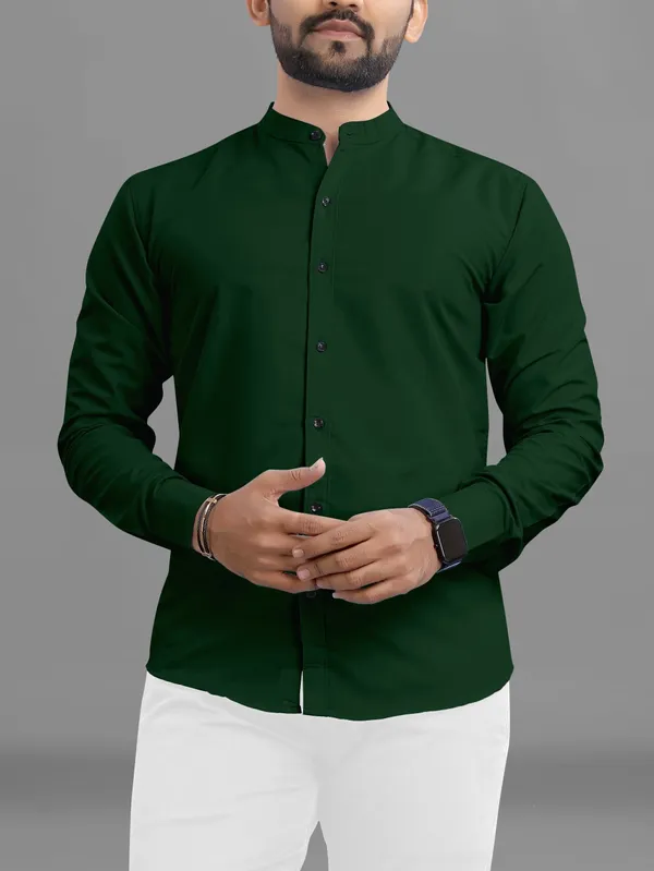 Dark_Green_Cotton_Blend_Regular_Fit_3/4th_Sleeve_Solid_Long_Shirt_For_Men
