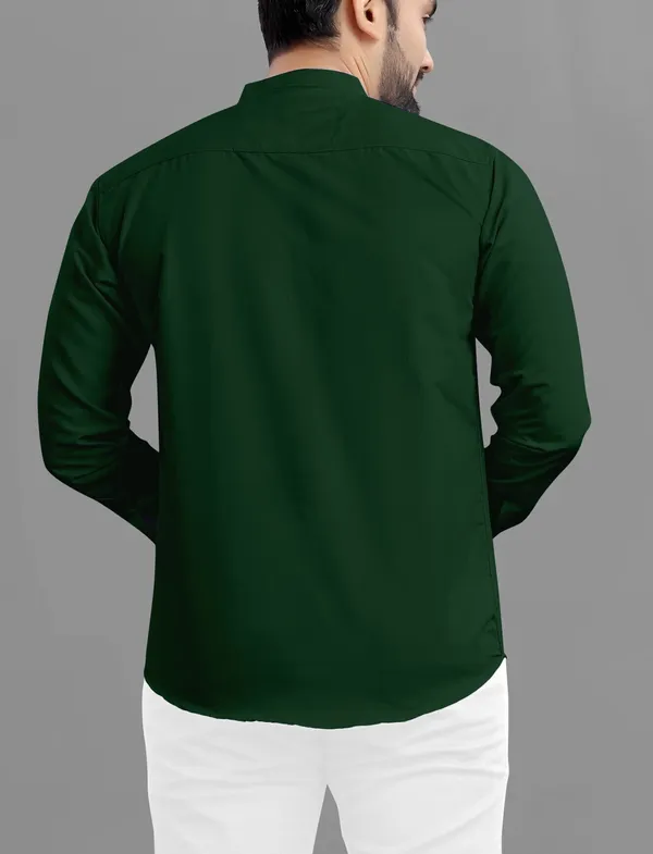 Dark_Green_Cotton_Blend_Regular_Fit_3/4th_Sleeve_Solid_Long_Shirt_For_Men