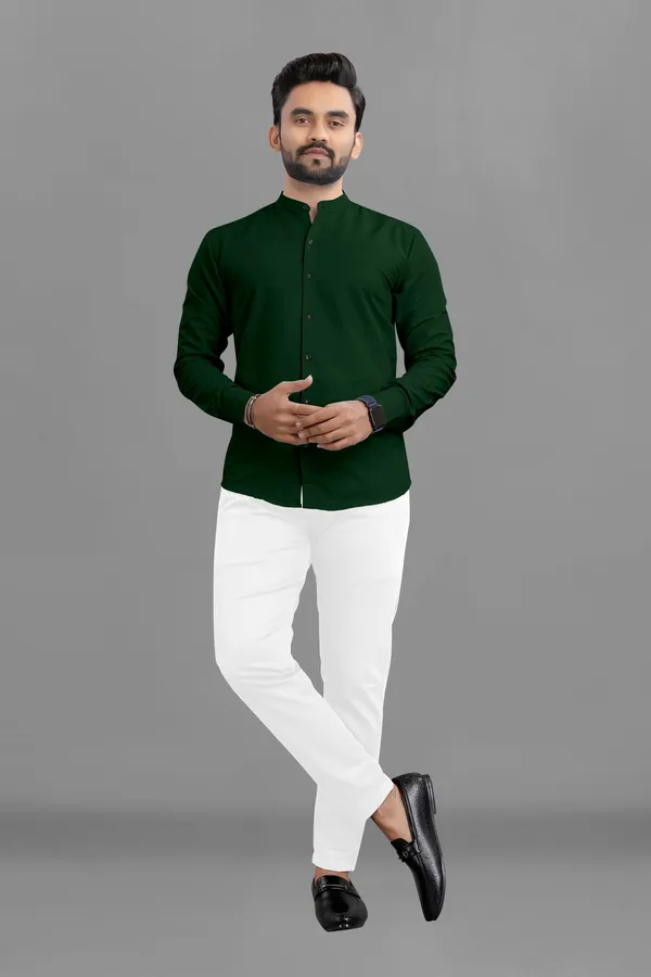 Dark_Green_Cotton_Blend_Regular_Fit_3/4th_Sleeve_Solid_Long_Shirt_For_Men