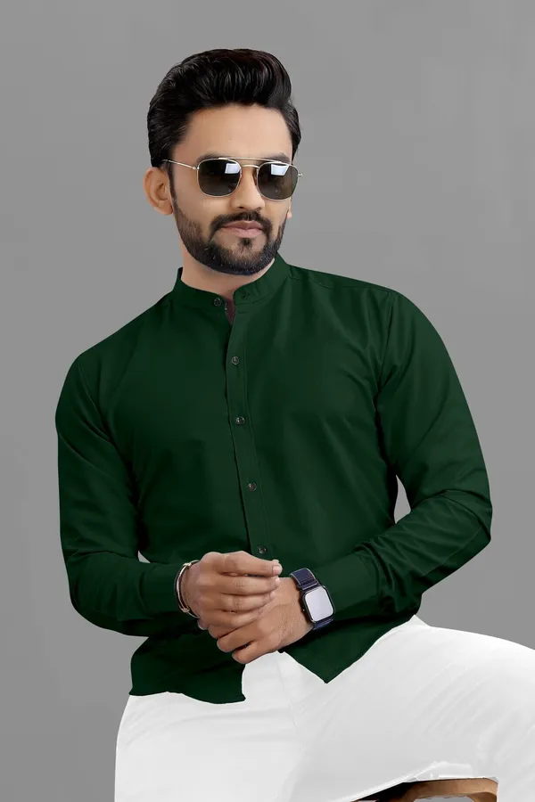 Dark_Green_Cotton_Blend_Regular_Fit_3/4th_Sleeve_Solid_Long_Shirt_For_Men