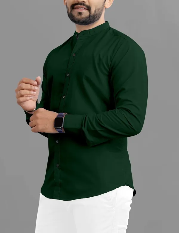 Dark_Green_Cotton_Blend_Regular_Fit_3/4th_Sleeve_Solid_Long_Shirt_For_Men