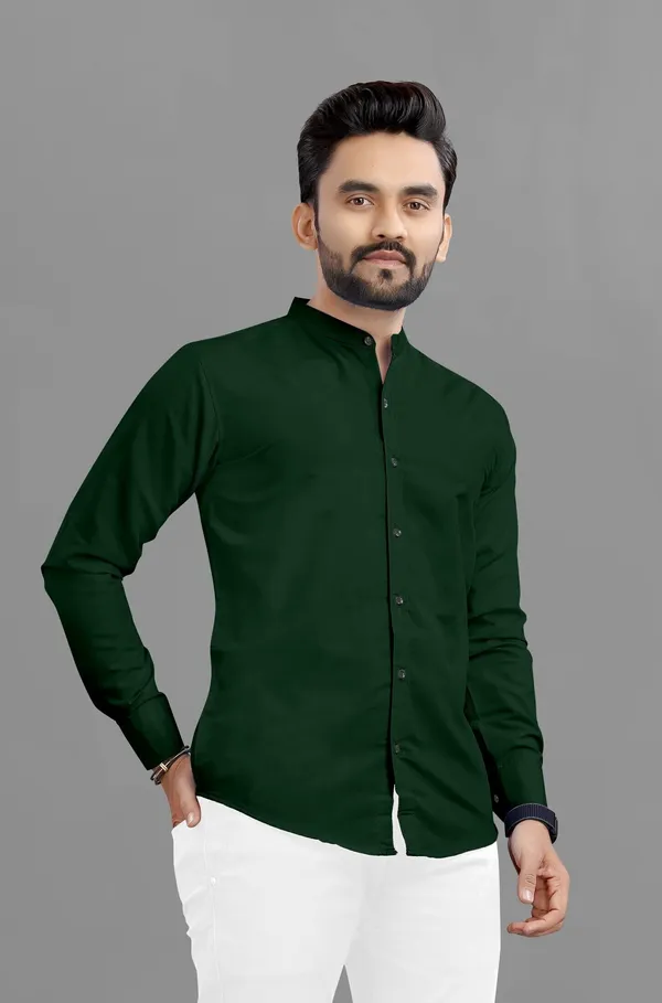 Dark_Green_Cotton_Blend_Regular_Fit_3/4th_Sleeve_Solid_Long_Shirt_For_Men