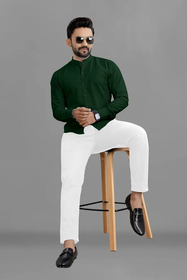 Dark_Green_Cotton_Blend_Regular_Fit_3/4th_Sleeve_Solid_Long_Shirt_For_Men