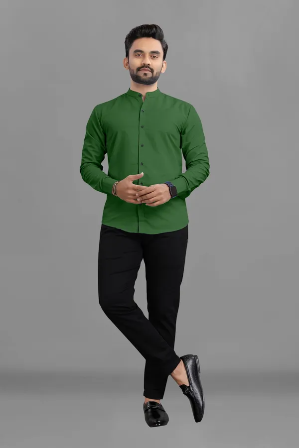 Green_Cotton_Blend_Regular_Fit_3/4th_Sleeve_Solid_Long_Shirt_For_Men