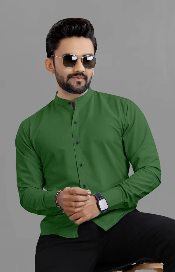 Green_Cotton_Blend_Regular_Fit_3/4th_Sleeve_Solid_Long_Shirt_For_Men