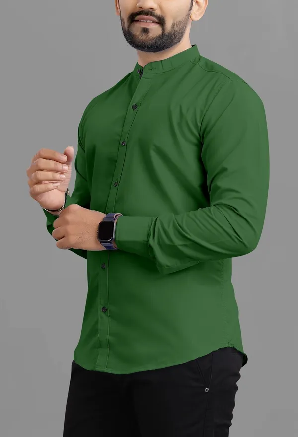 Green_Cotton_Blend_Regular_Fit_3/4th_Sleeve_Solid_Long_Shirt_For_Men