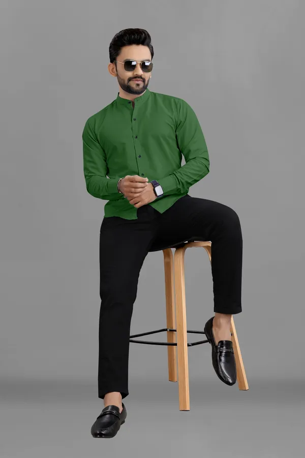 Green_Cotton_Blend_Regular_Fit_3/4th_Sleeve_Solid_Long_Shirt_For_Men