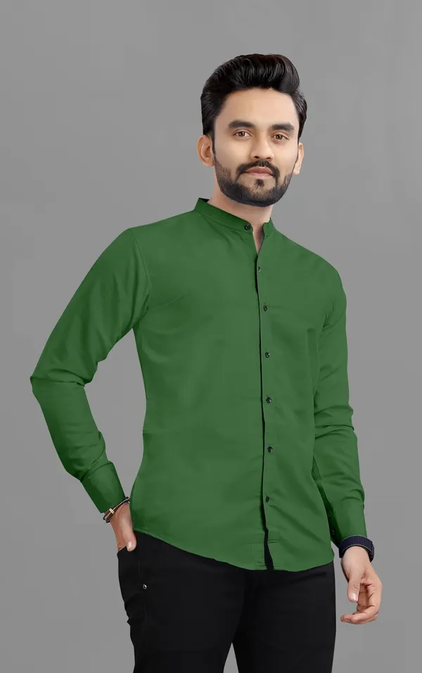 Green_Cotton_Blend_Regular_Fit_3/4th_Sleeve_Solid_Long_Shirt_For_Men