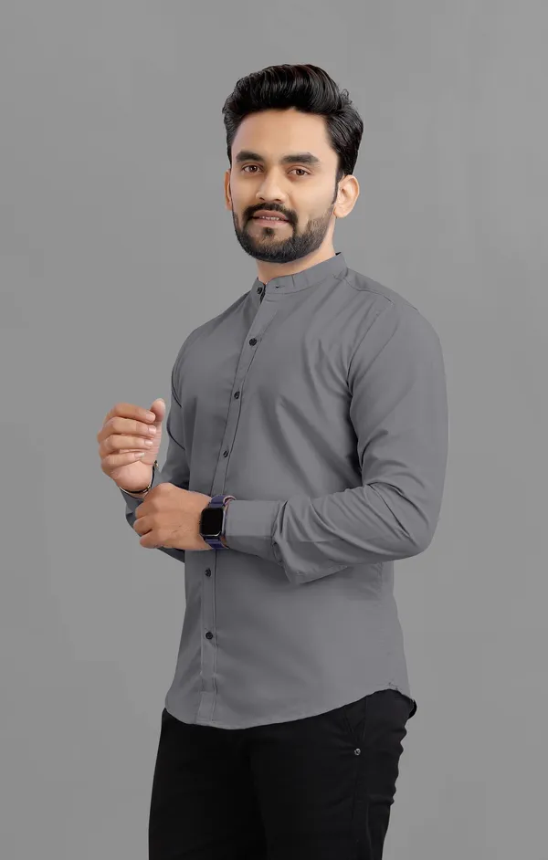 Grey_Cotton_Blend_Regular_Fit_3/4th_Sleeve_Solid_Long_Shirt_For_Men