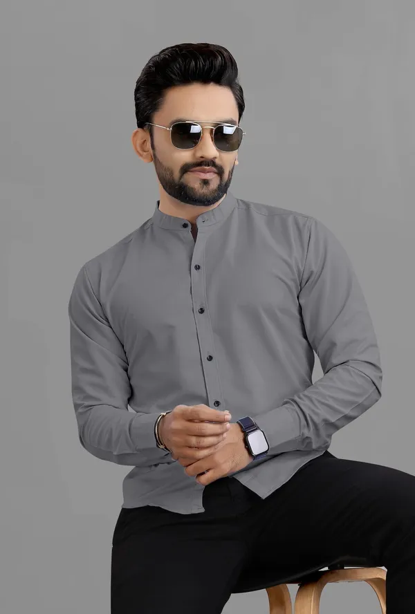 Grey_Cotton_Blend_Regular_Fit_3/4th_Sleeve_Solid_Long_Shirt_For_Men