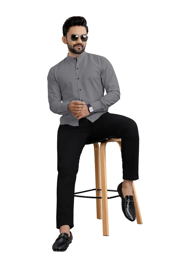 Grey_Cotton_Blend_Regular_Fit_3/4th_Sleeve_Solid_Long_Shirt_For_Men