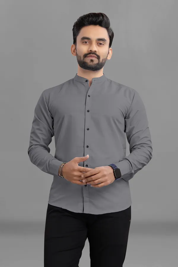 Grey_Cotton_Blend_Regular_Fit_3/4th_Sleeve_Solid_Long_Shirt_For_Men