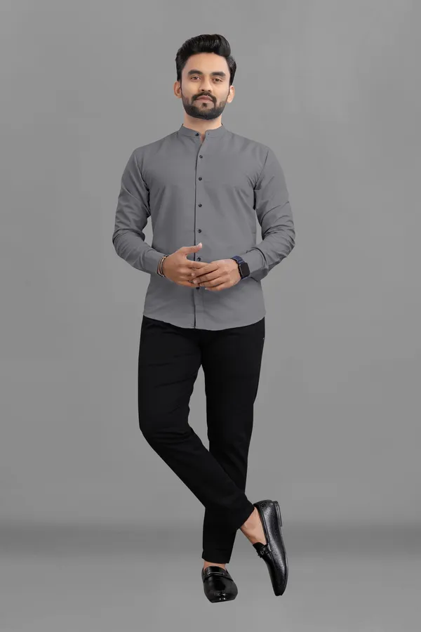 Grey_Cotton_Blend_Regular_Fit_3/4th_Sleeve_Solid_Long_Shirt_For_Men