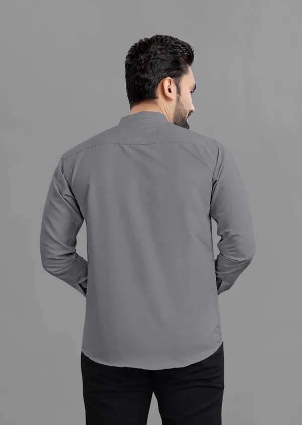 Grey_Cotton_Blend_Regular_Fit_3/4th_Sleeve_Solid_Long_Shirt_For_Men
