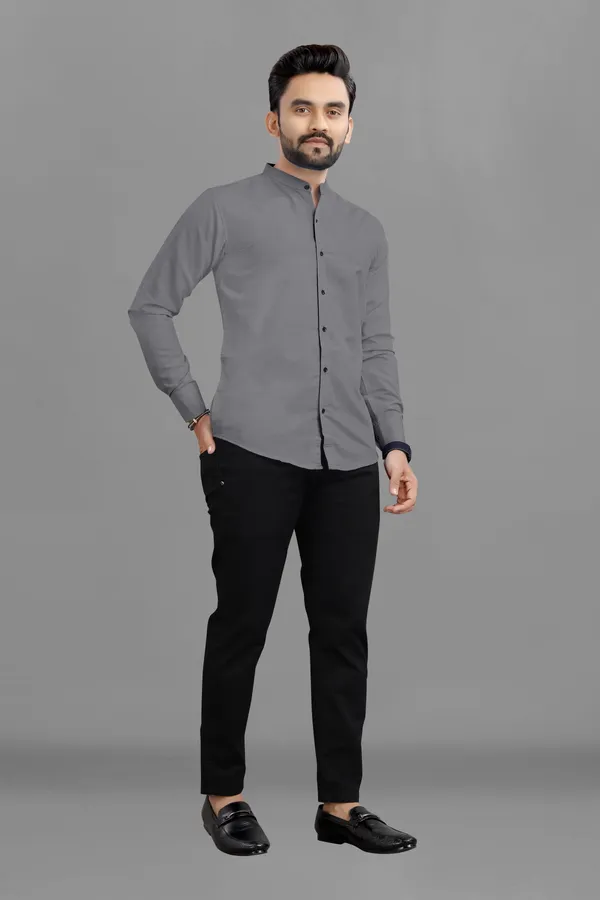 Grey_Cotton_Blend_Regular_Fit_3/4th_Sleeve_Solid_Long_Shirt_For_Men