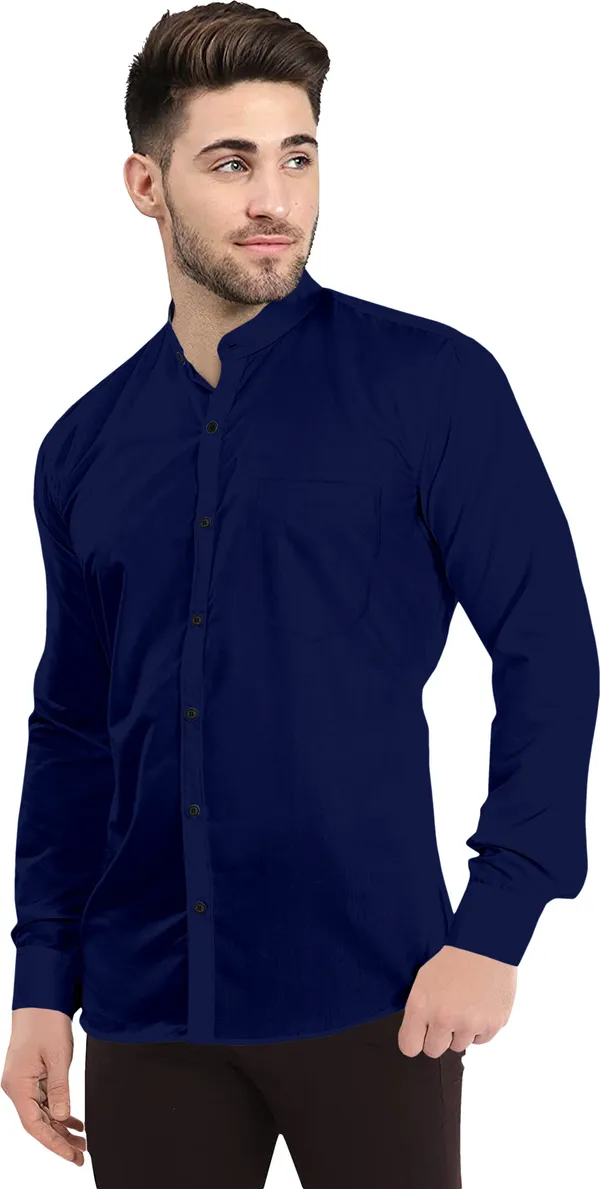 Dark_Blue_Cotton_Blend_Regular_Fit_3/4th_Sleeve_Solid_Long_Shirt_For_Men