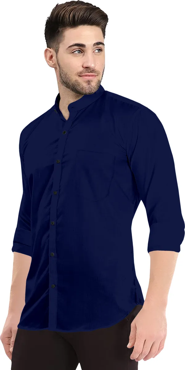 Dark_Blue_Cotton_Blend_Regular_Fit_3/4th_Sleeve_Solid_Long_Shirt_For_Men