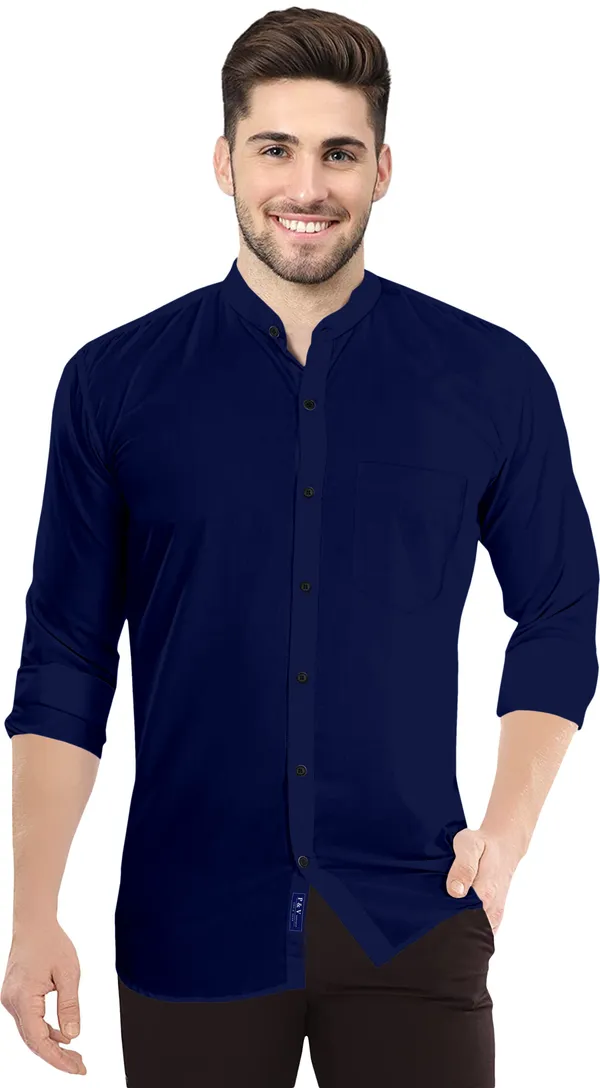 Dark_Blue_Cotton_Blend_Regular_Fit_3/4th_Sleeve_Solid_Long_Shirt_For_Men