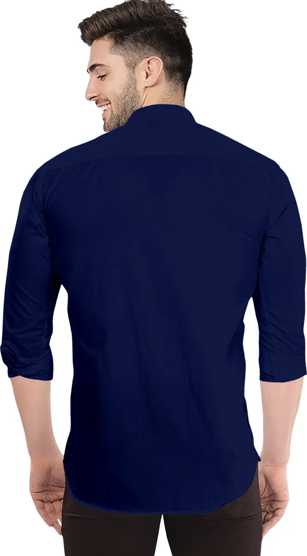 Dark_Blue_Cotton_Blend_Regular_Fit_3/4th_Sleeve_Solid_Long_Shirt_For_Men