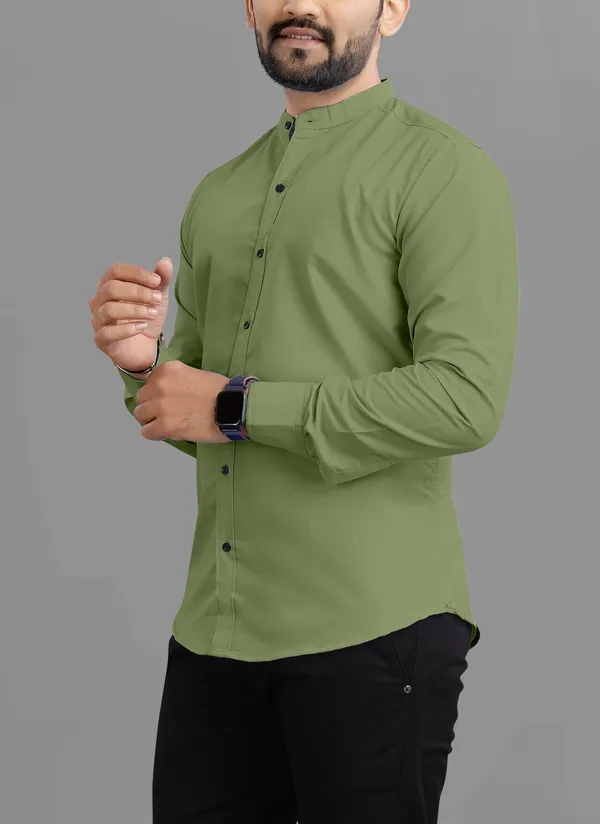 Olive_Green_Cotton_Blend_Regular_Fit_3/4th_Sleeve_Solid_Long_Shirt_For_Men