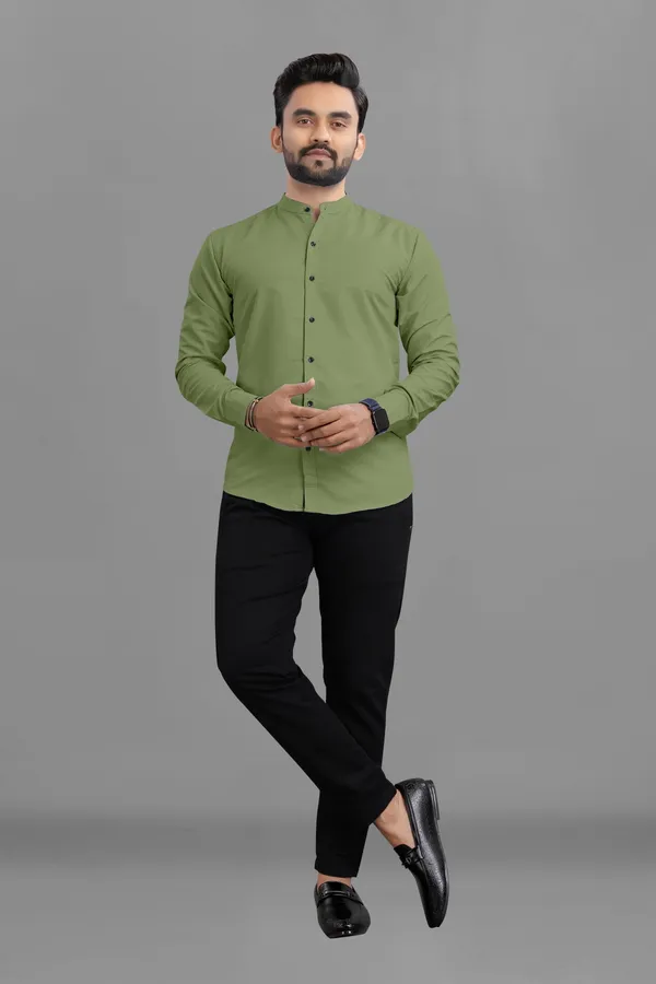 Olive_Green_Cotton_Blend_Regular_Fit_3/4th_Sleeve_Solid_Long_Shirt_For_Men