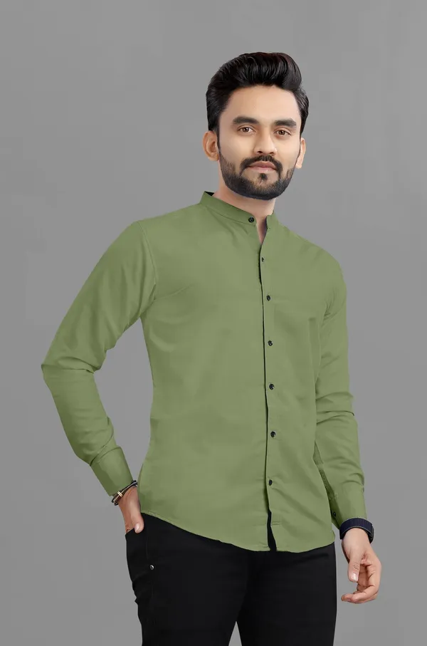 Olive_Green_Cotton_Blend_Regular_Fit_3/4th_Sleeve_Solid_Long_Shirt_For_Men