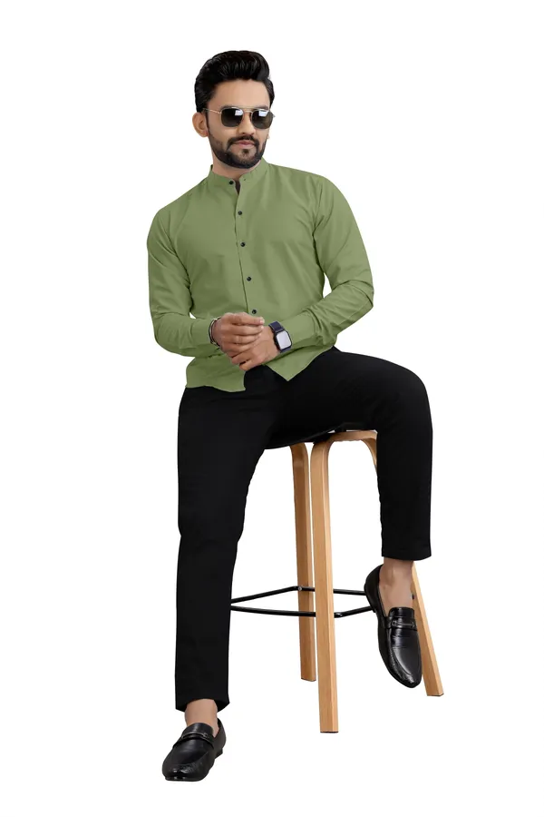 Olive_Green_Cotton_Blend_Regular_Fit_3/4th_Sleeve_Solid_Long_Shirt_For_Men